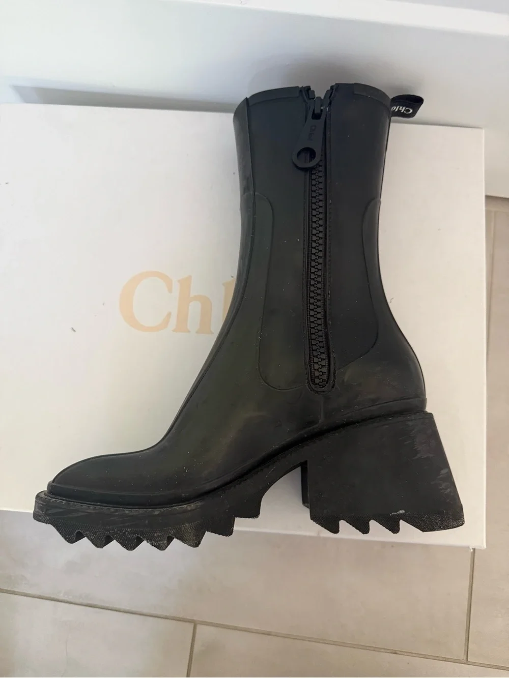 Chloé Black Rubber Mid-Calf Zip-Back Boots